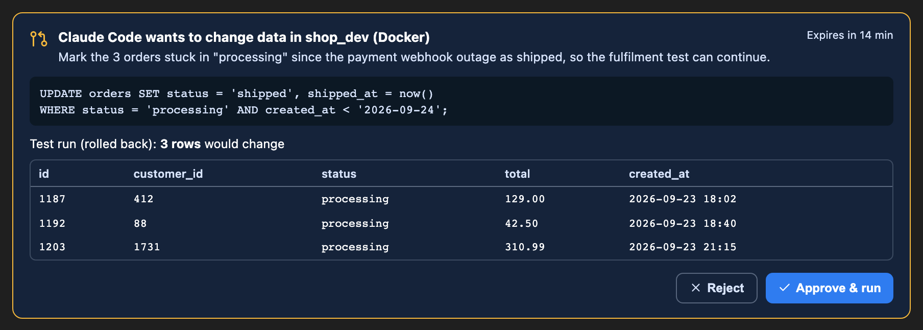 Claude Code proposes an UPDATE on three orders. QueryMoat shows the SQL, a rolled-back test run listing the three affected rows, and Reject or Approve and run buttons.
